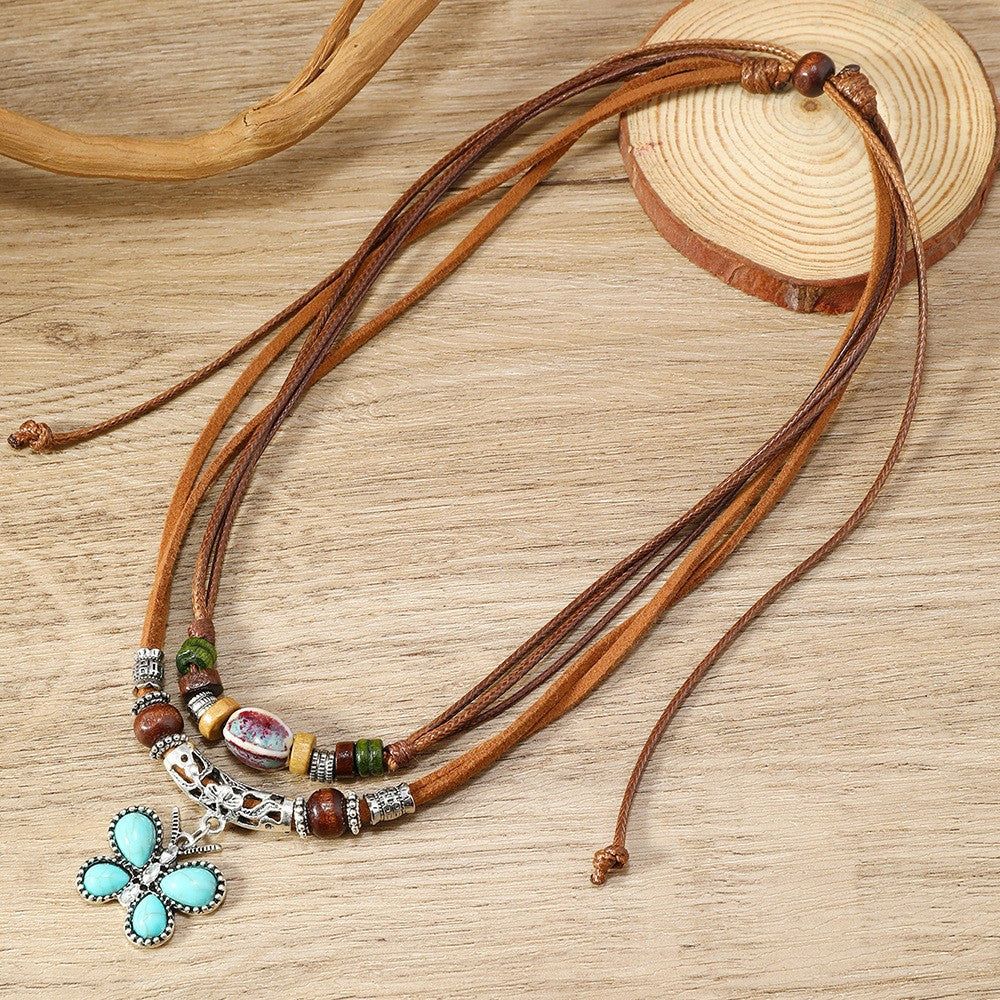 Wholesale retro butterfly alloy multi-layer wooden beads knotted hand-woven necklace jewelry